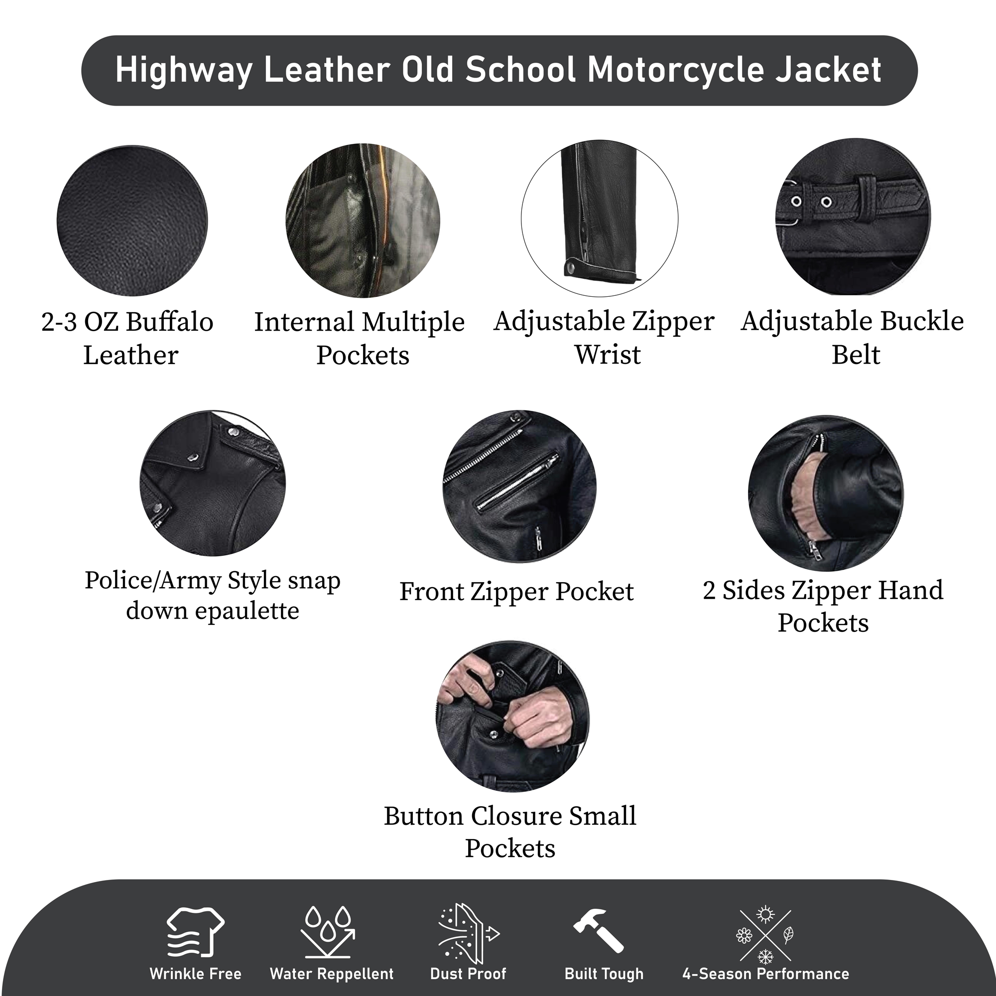 New Old School Police Style Motorcycle Leather Jacket 2 Ammo pocket #10205 Grey