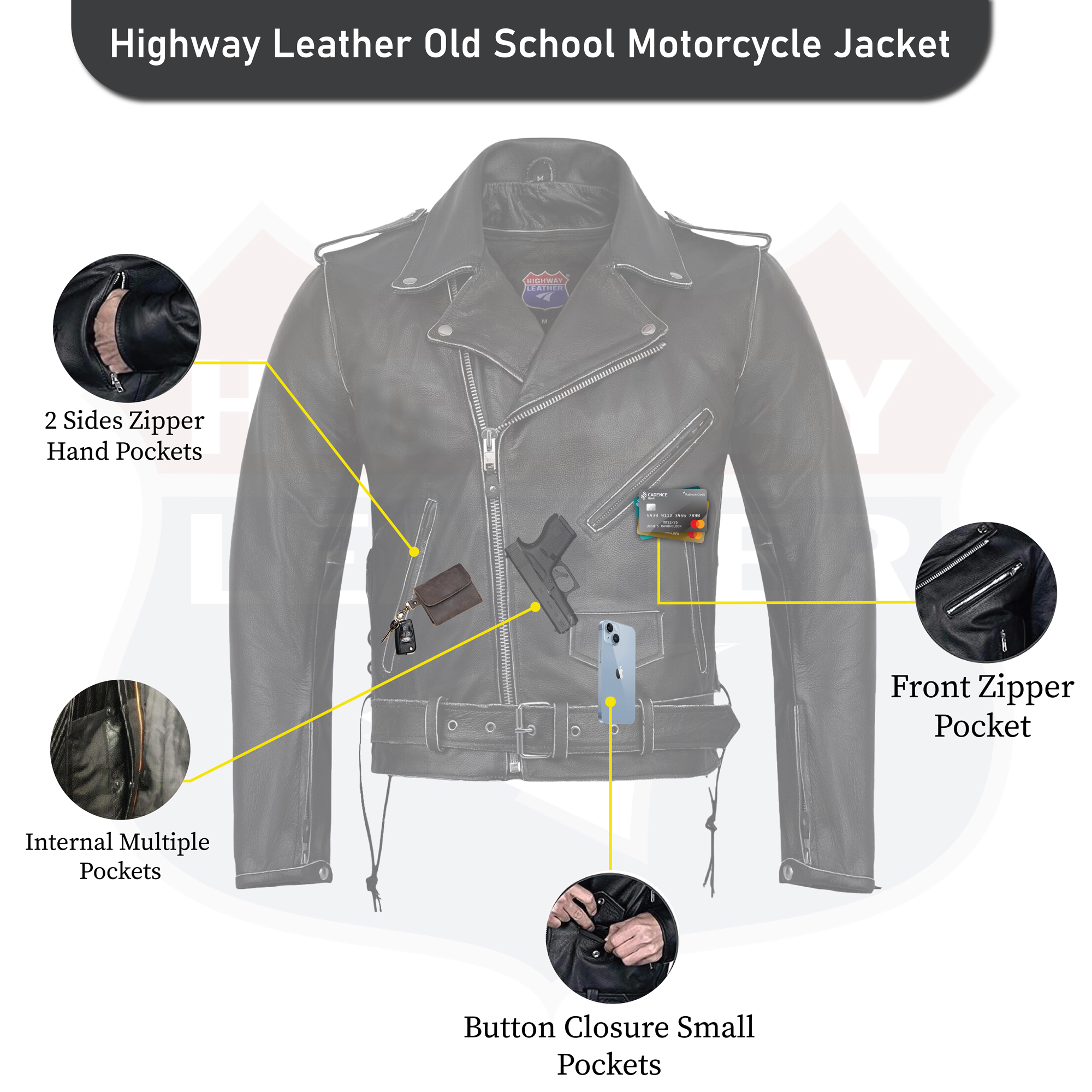 New Old School Police Style Motorcycle Leather Jacket 2 Ammo pocket #10205 Grey