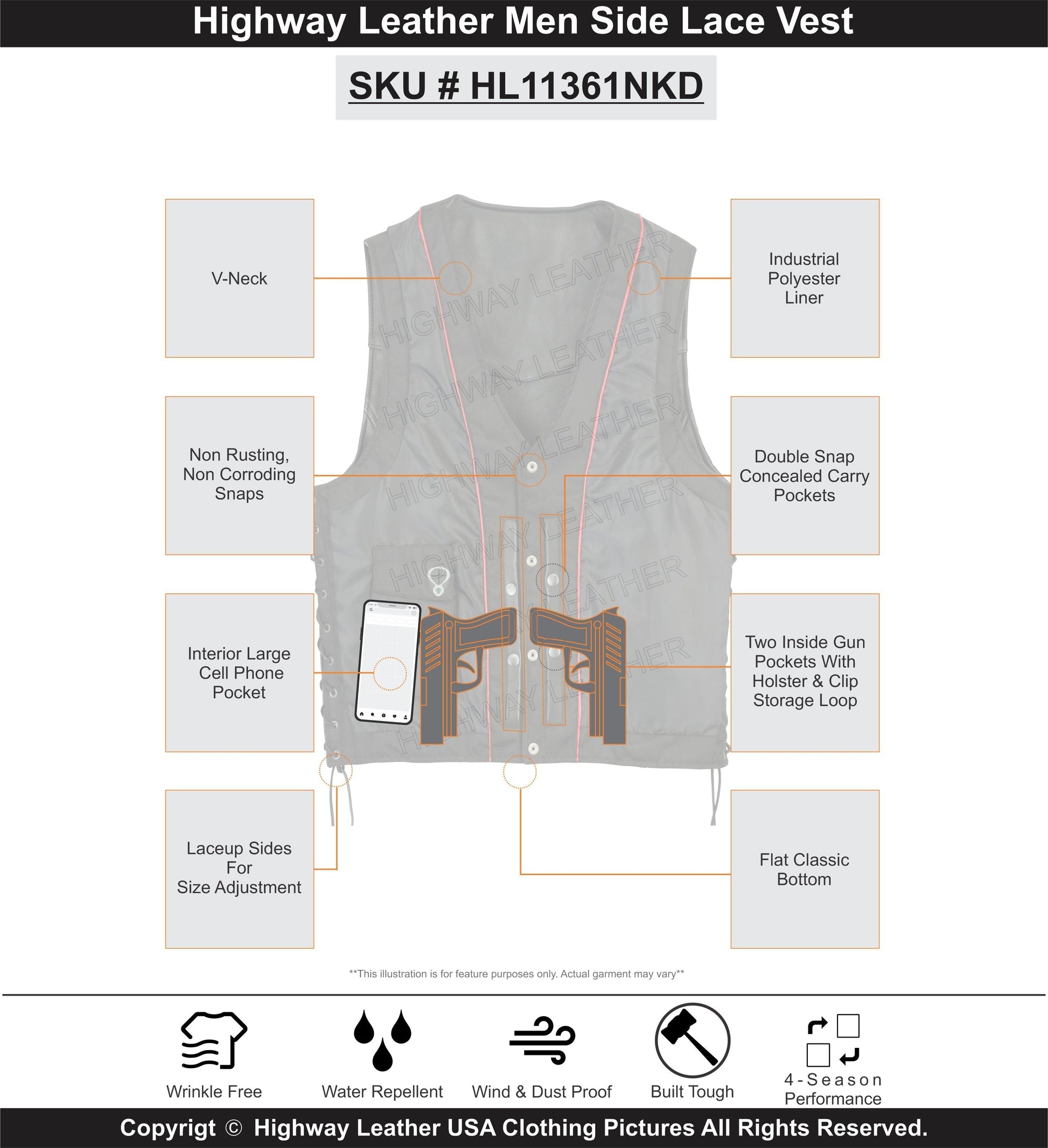 Straight bottom Gun pocket leather vest - HighwayLeather
