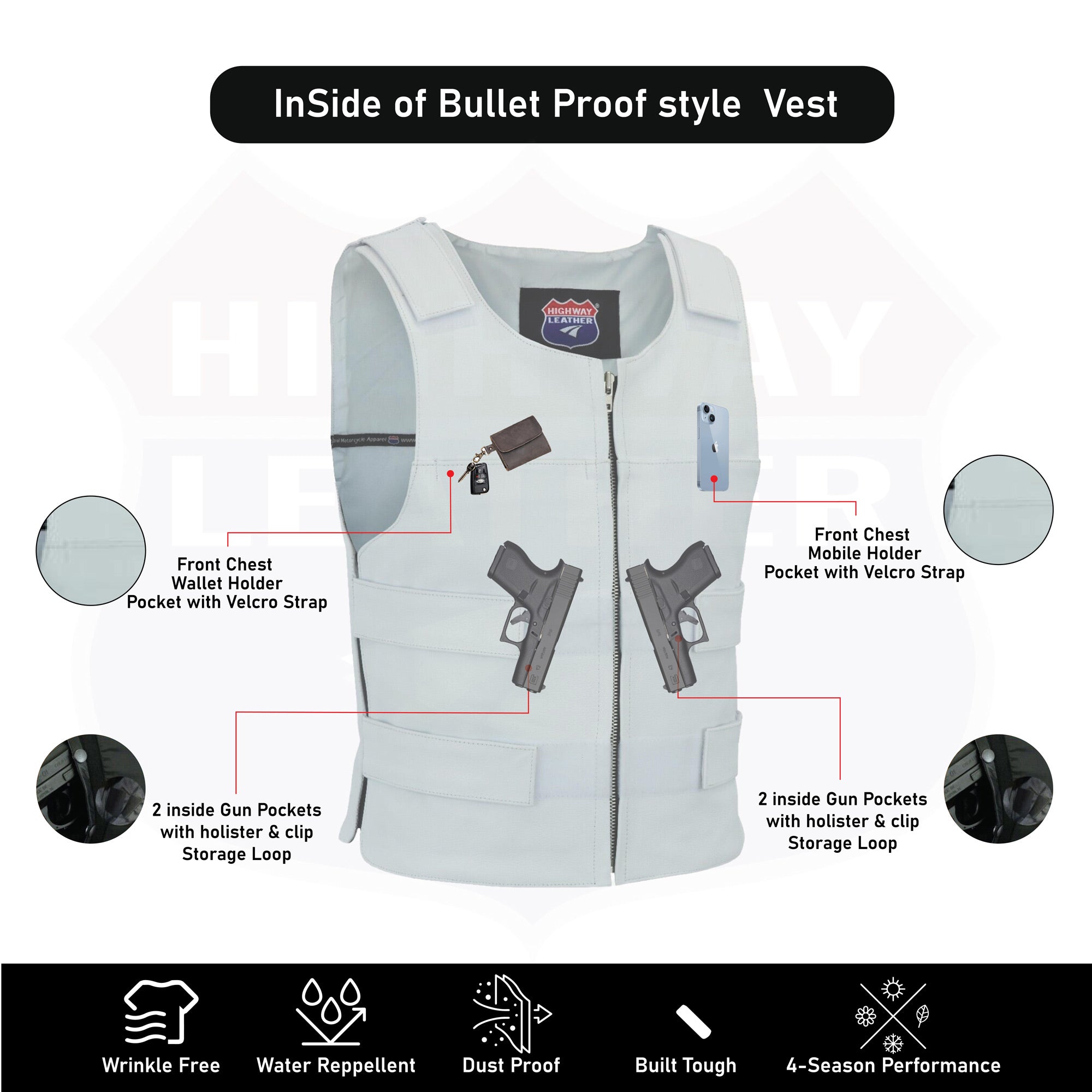 Men White Bullet Proof Style Leather Vest For Bikers Club