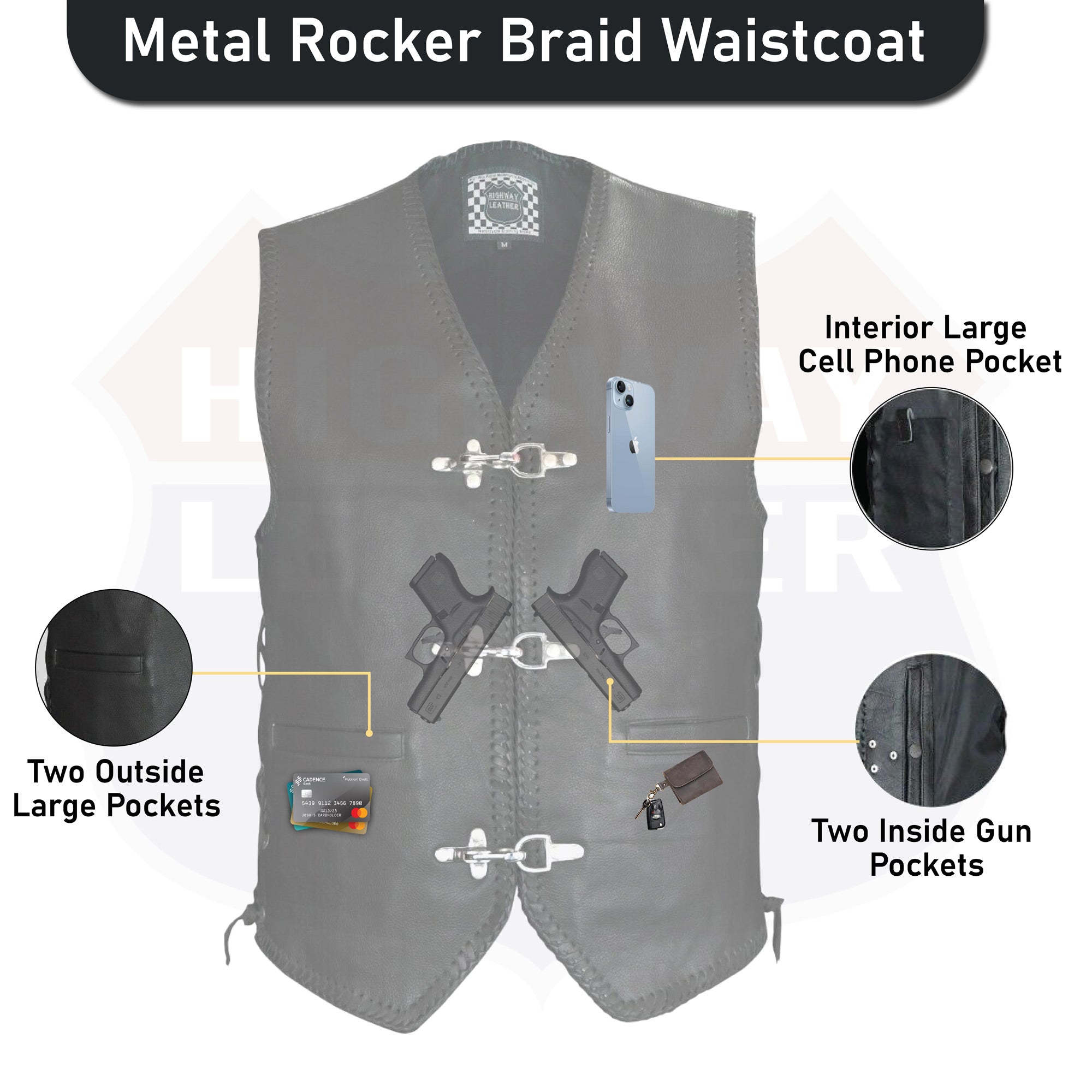 Highway Leather Heavy Metal Rocker Braid Waistcoat Motorcycle Vest SKU # HL11650