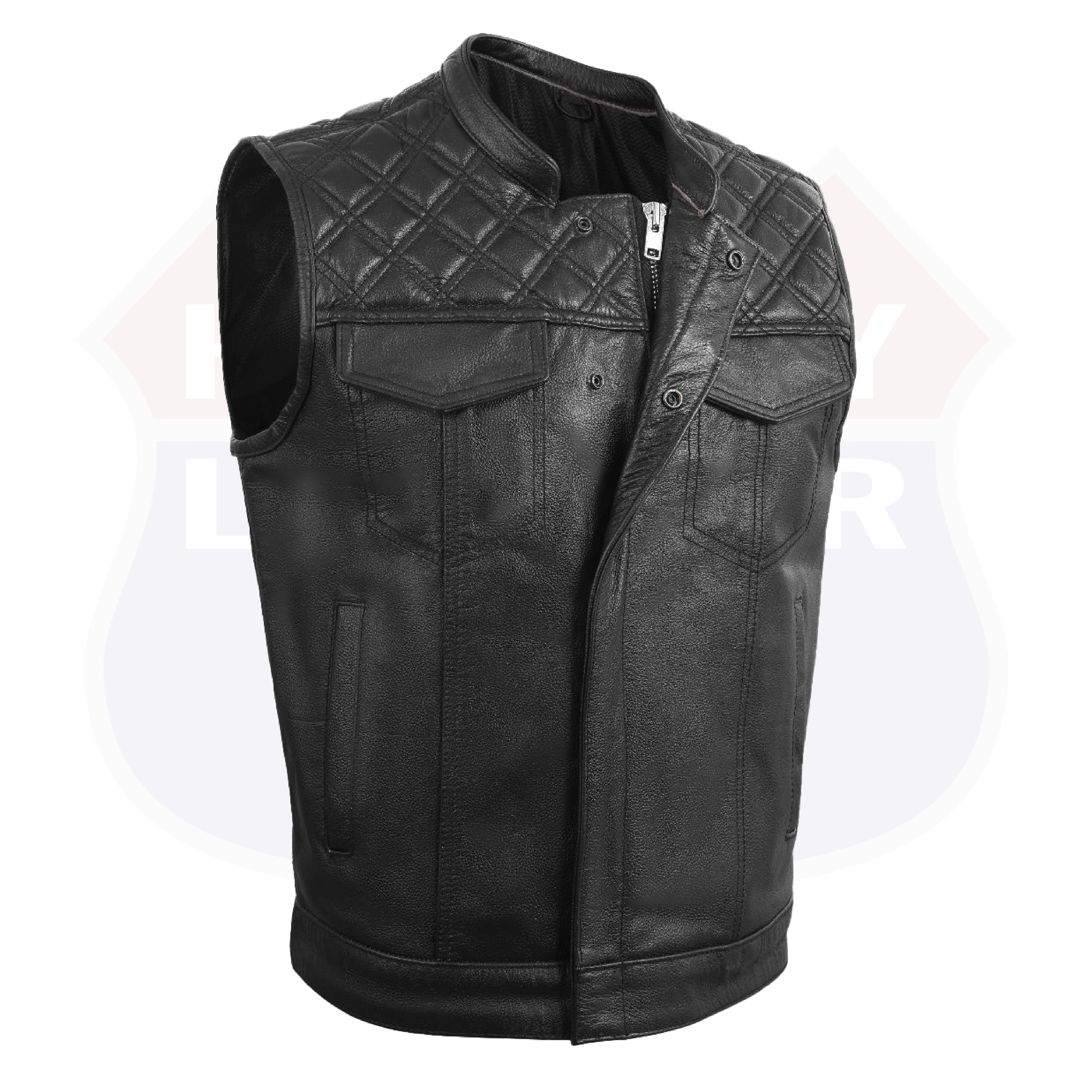 MEN BLACK CROSS STITCH VEST BUFFALO LEATHER HL11693SPT