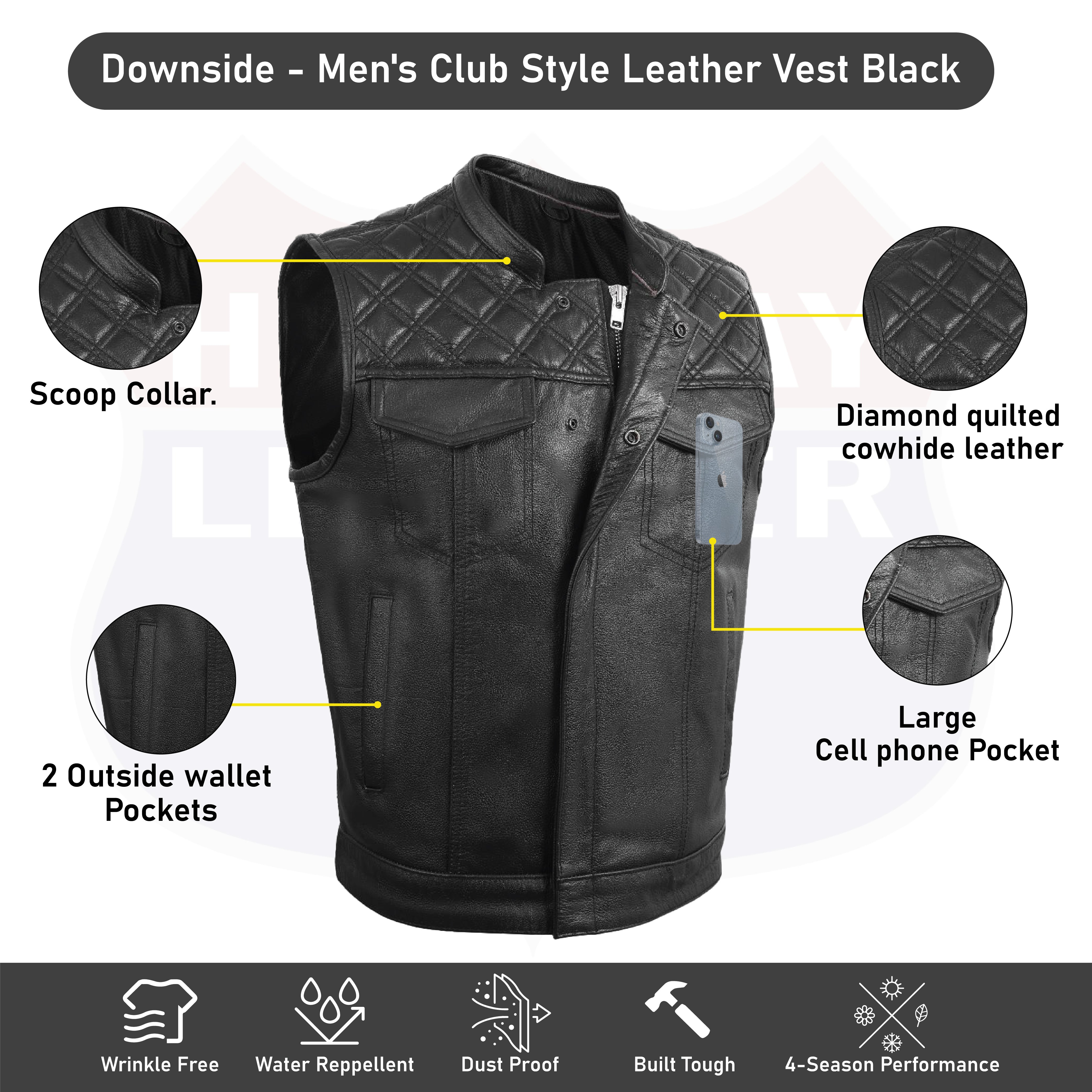 MEN BLACK CROSS STITCH VEST BUFFALO LEATHER HL11693SPT