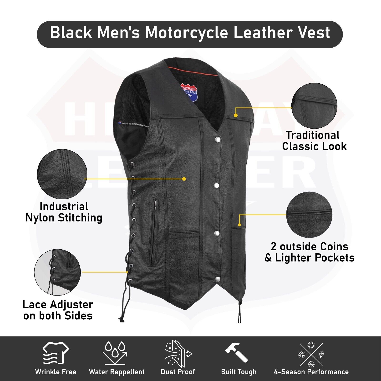 Mens Genuine Leather 10 Pockets Motorcycle Biker Vest ANARCHY Black SOA #3540BLK