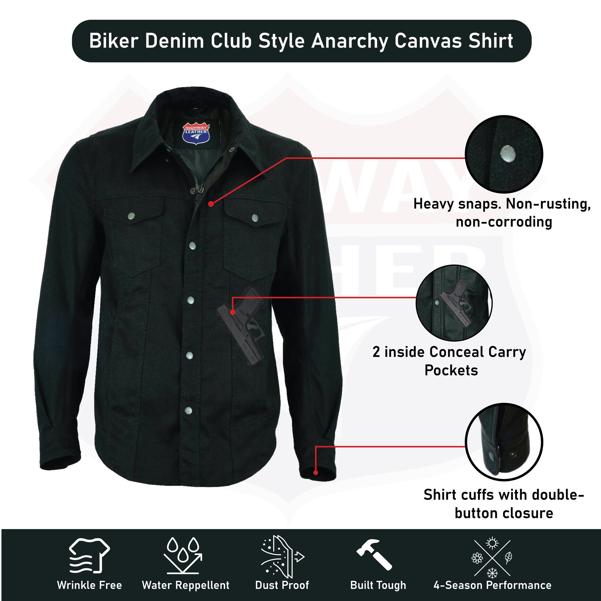 Biker Denim Club Style Anarchy Twill Shirt Conceal Carry Gun pocket SKU#21403