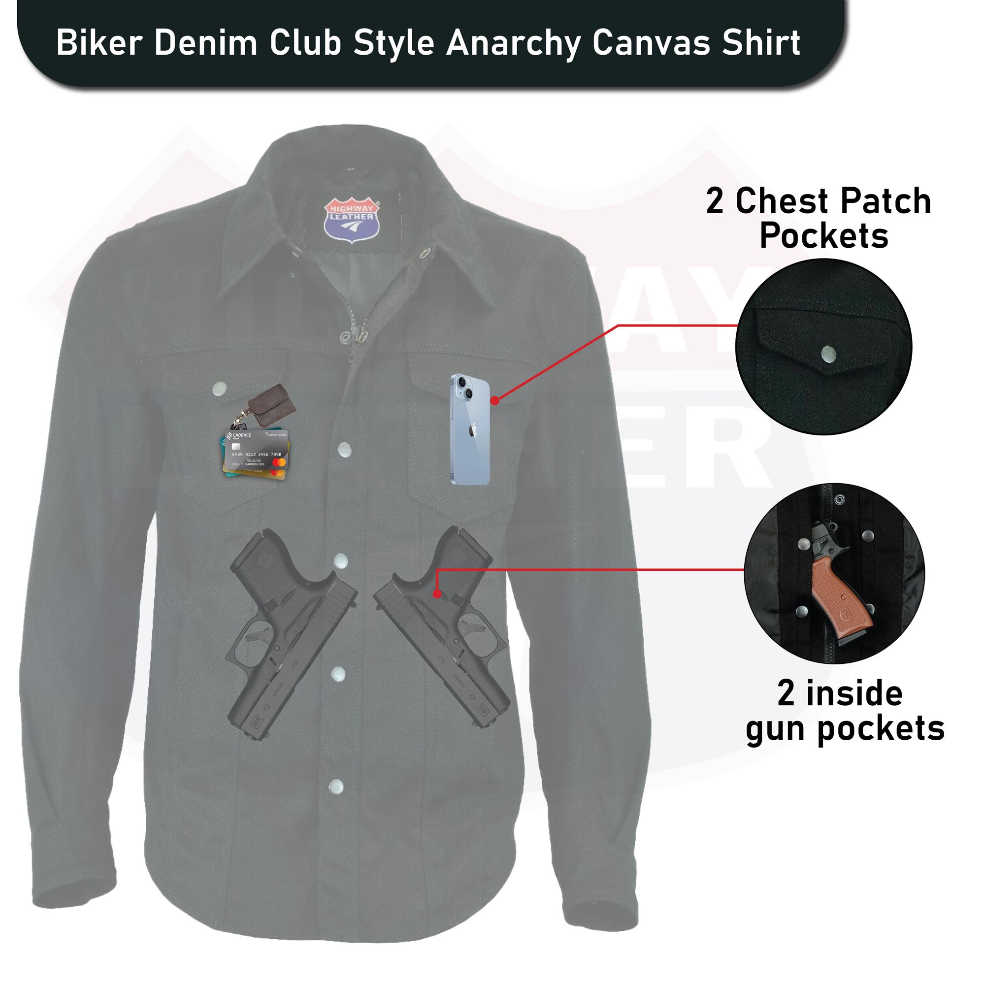 Biker Denim Club Style Anarchy Twill Shirt Conceal Carry Gun pocket SKU#21403