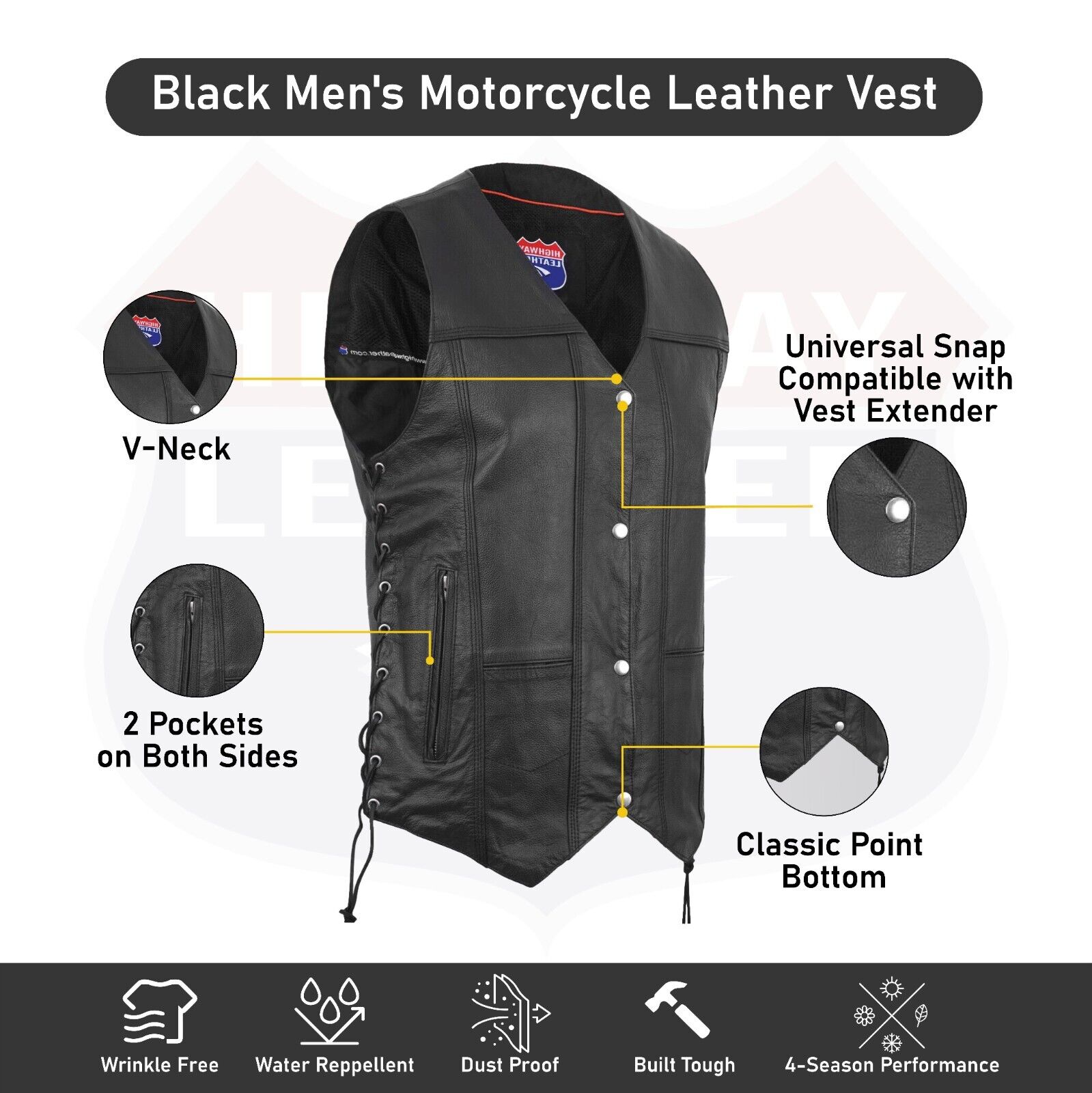 Mens Genuine Leather 10 Pockets Motorcycle Biker Vest ANARCHY Black SOA #3540BLK