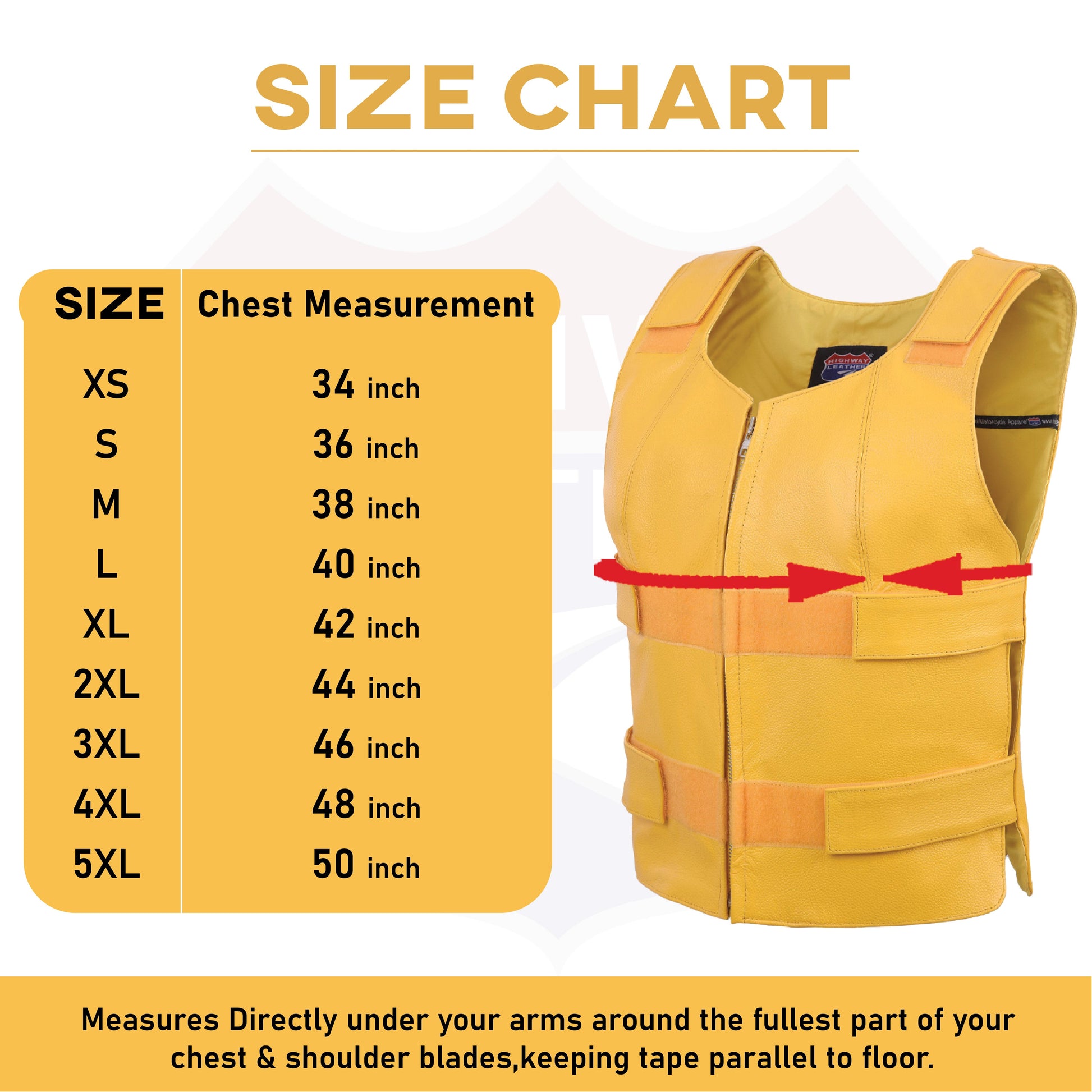 size chart for a HL 14945 yellow  vest is displayed. The chart lists sizes from XS to 5XL with corresponding chest measurements in inches, ranging from 34 to 58 inches. An image of the yellow vest is shown with two red arrows pointing towards a red measuring tape wrapped around the chest area, indicating where to measure for the correct size. Below the chart, there’s a note that instructs to measure directly under one’s arms around the fullest part of one’s chest and shoulder blades, keeping tape parallel