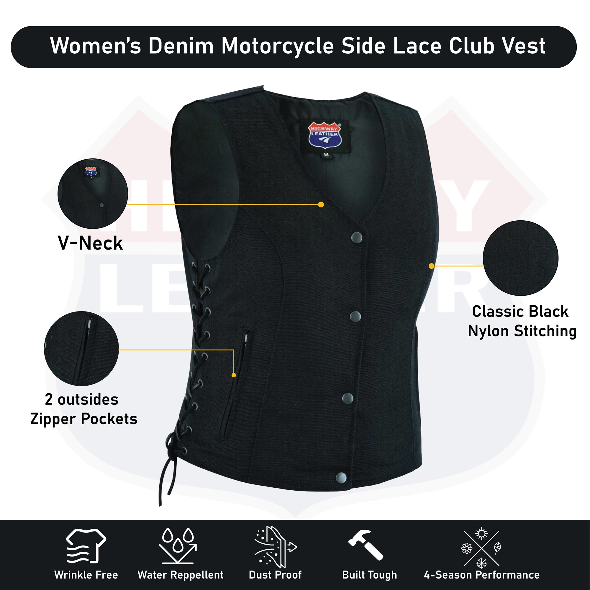 Women’s Denim Motorcycle Side Lace Club Vest with 2 Inside Ammo Pocket HL21851
