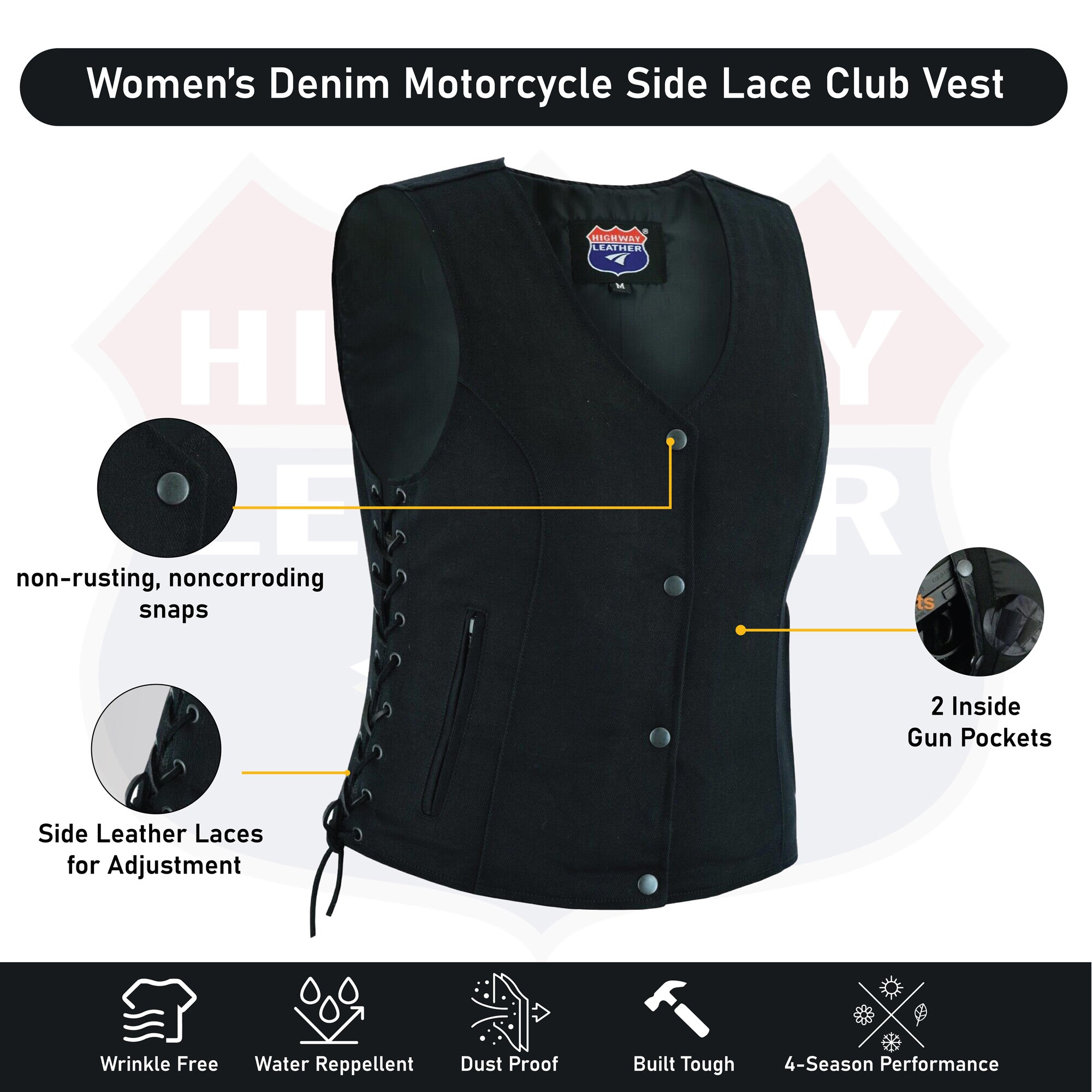 Women’s Denim Motorcycle Side Lace Club Vest with 2 Inside Ammo Pocket HL21851