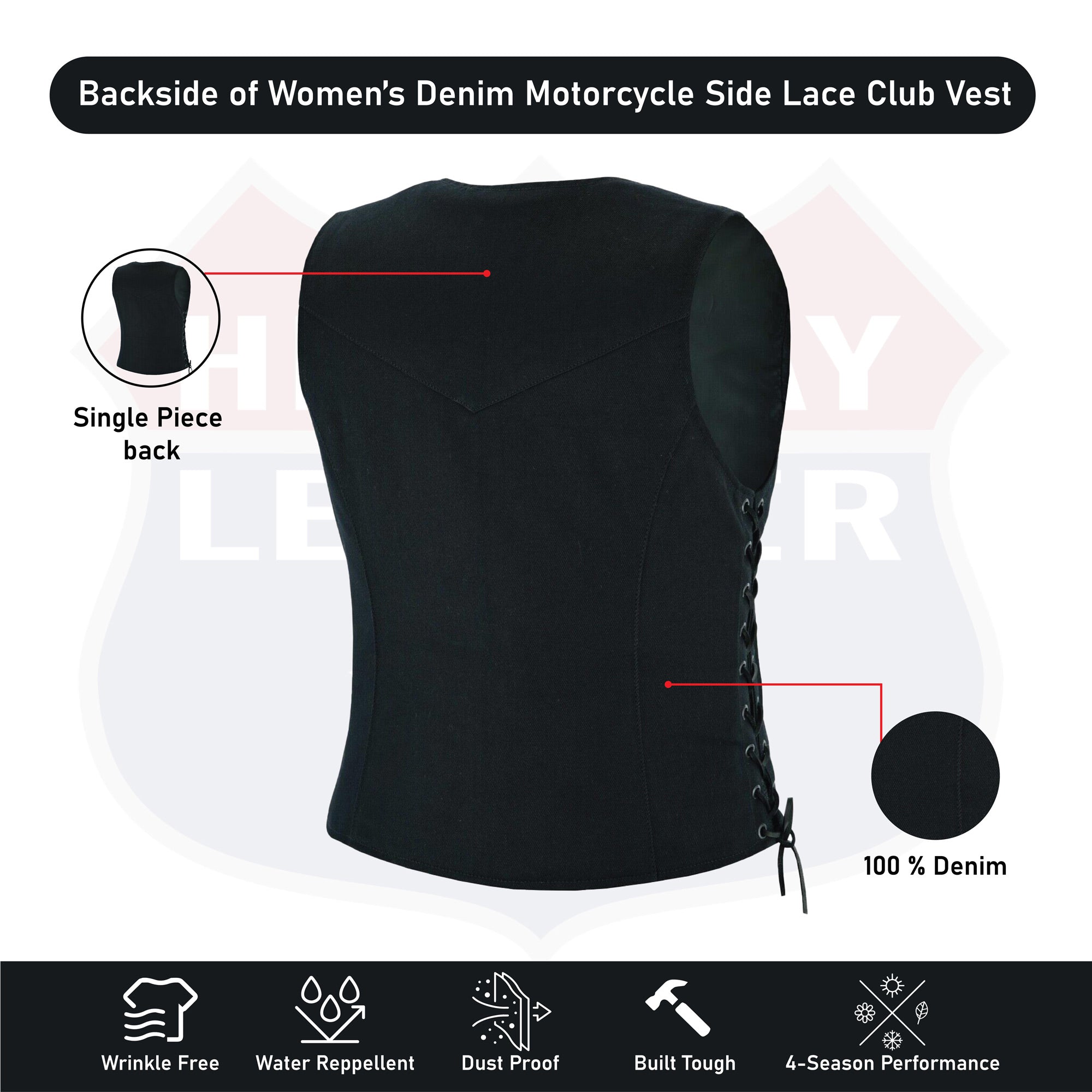 Women’s Denim Motorcycle Side Lace Club Vest with 2 Inside Ammo Pocket HL21851