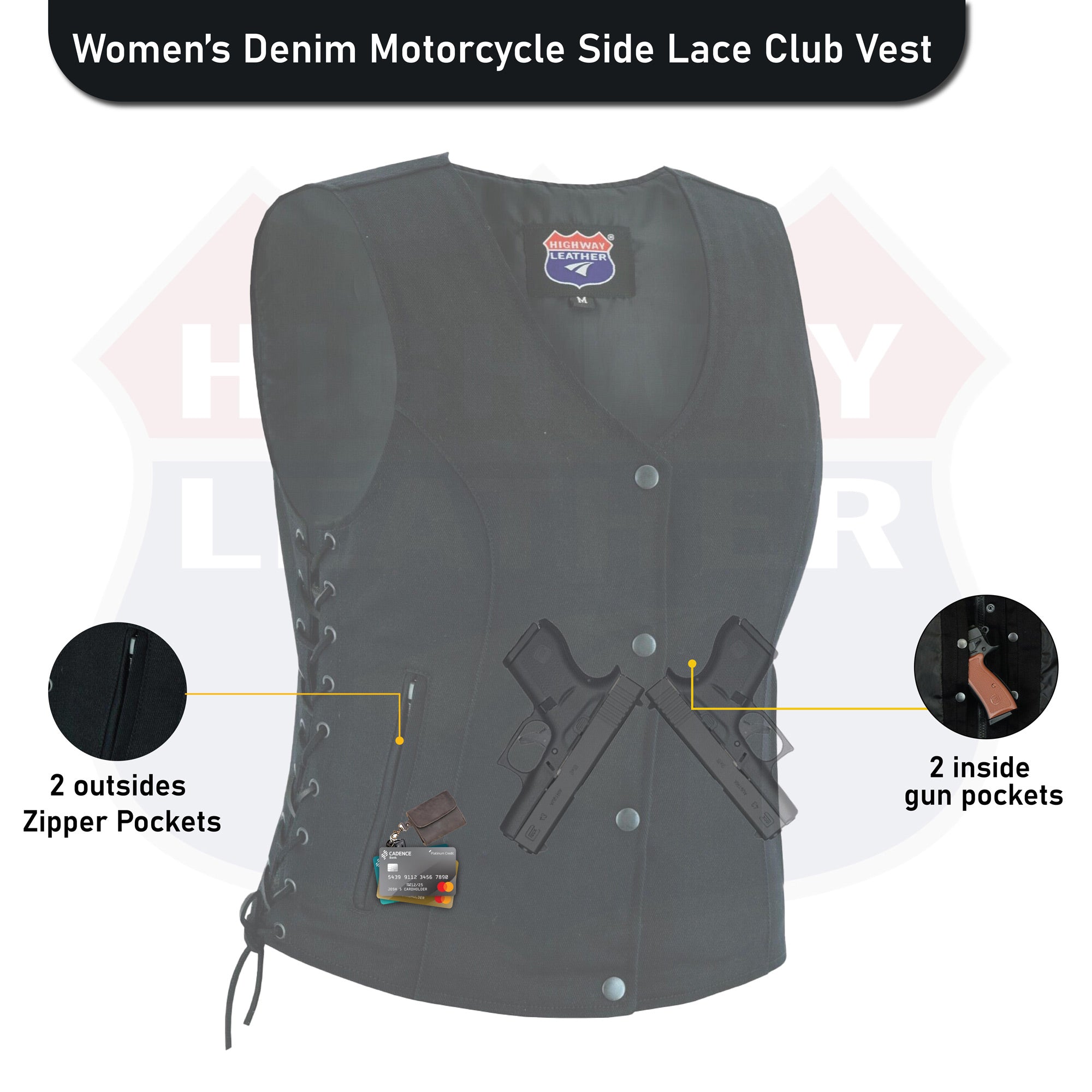 Women’s Denim Motorcycle Side Lace Club Vest with 2 Inside Ammo Pocket HL21851