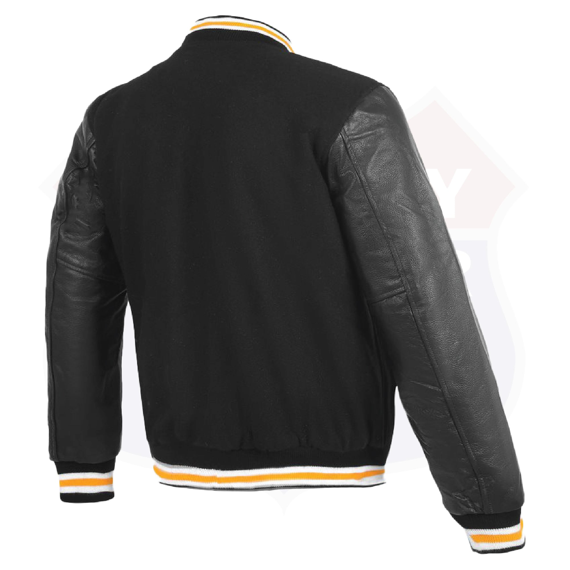 Leather Varsity Jacket Letterman Jacket Baseball Jacket Banded Collar 2803BLK/Yellow