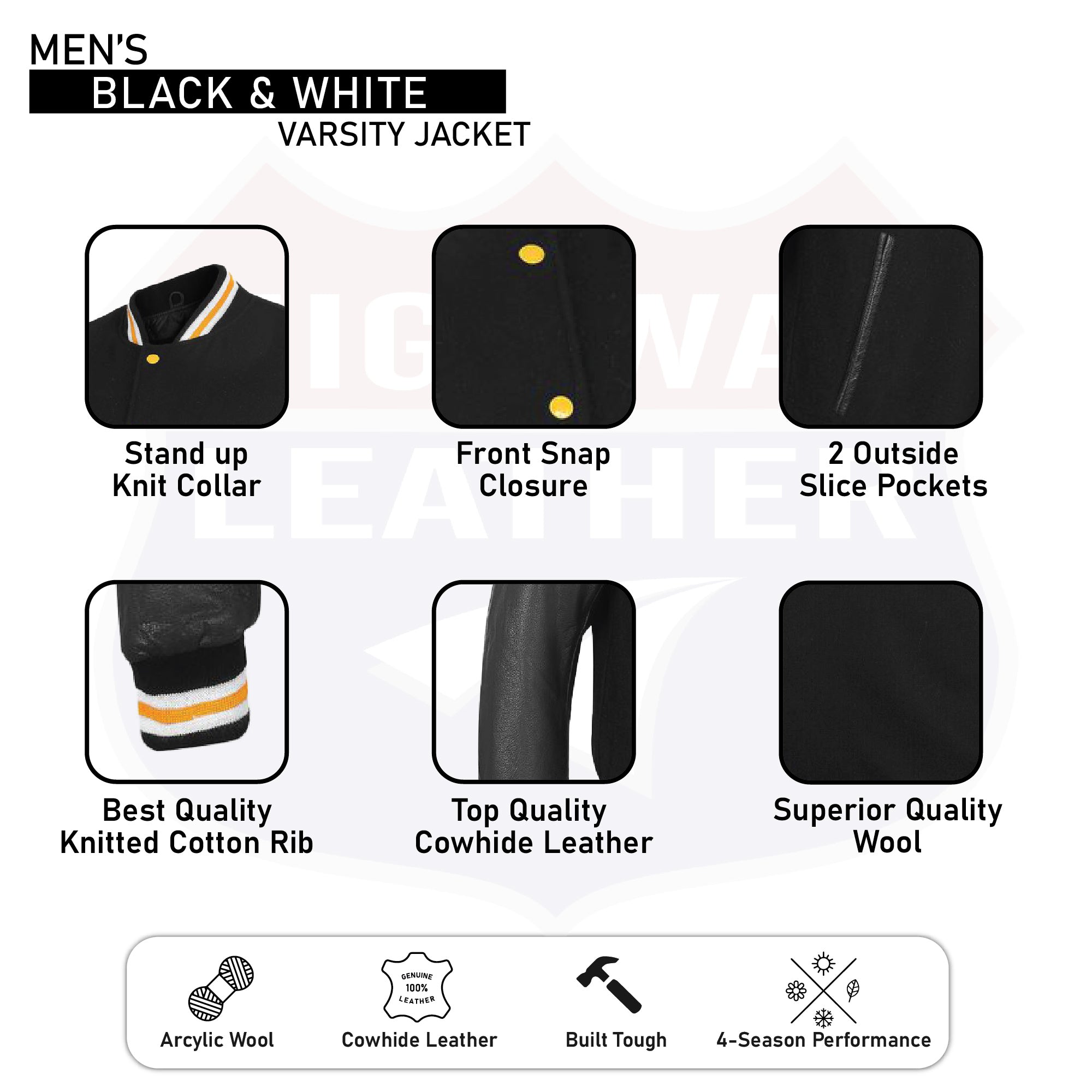 Leather Varsity Jacket Letterman Jacket Baseball Jacket Banded Collar 2803BLK/Yellow