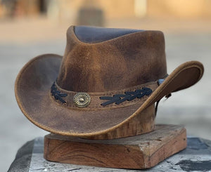 Men's Leather Australian Western Cowboy Style Tan Crazy Horse Bush Hat #80140