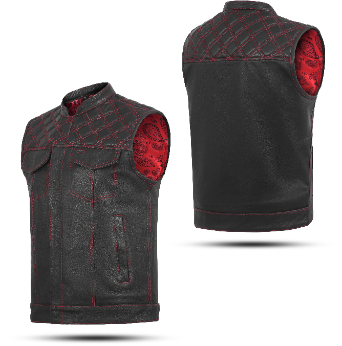 Men's Red & Black Cross-Stitch Leather Vest – Highway Leather, Size S, USA Stock