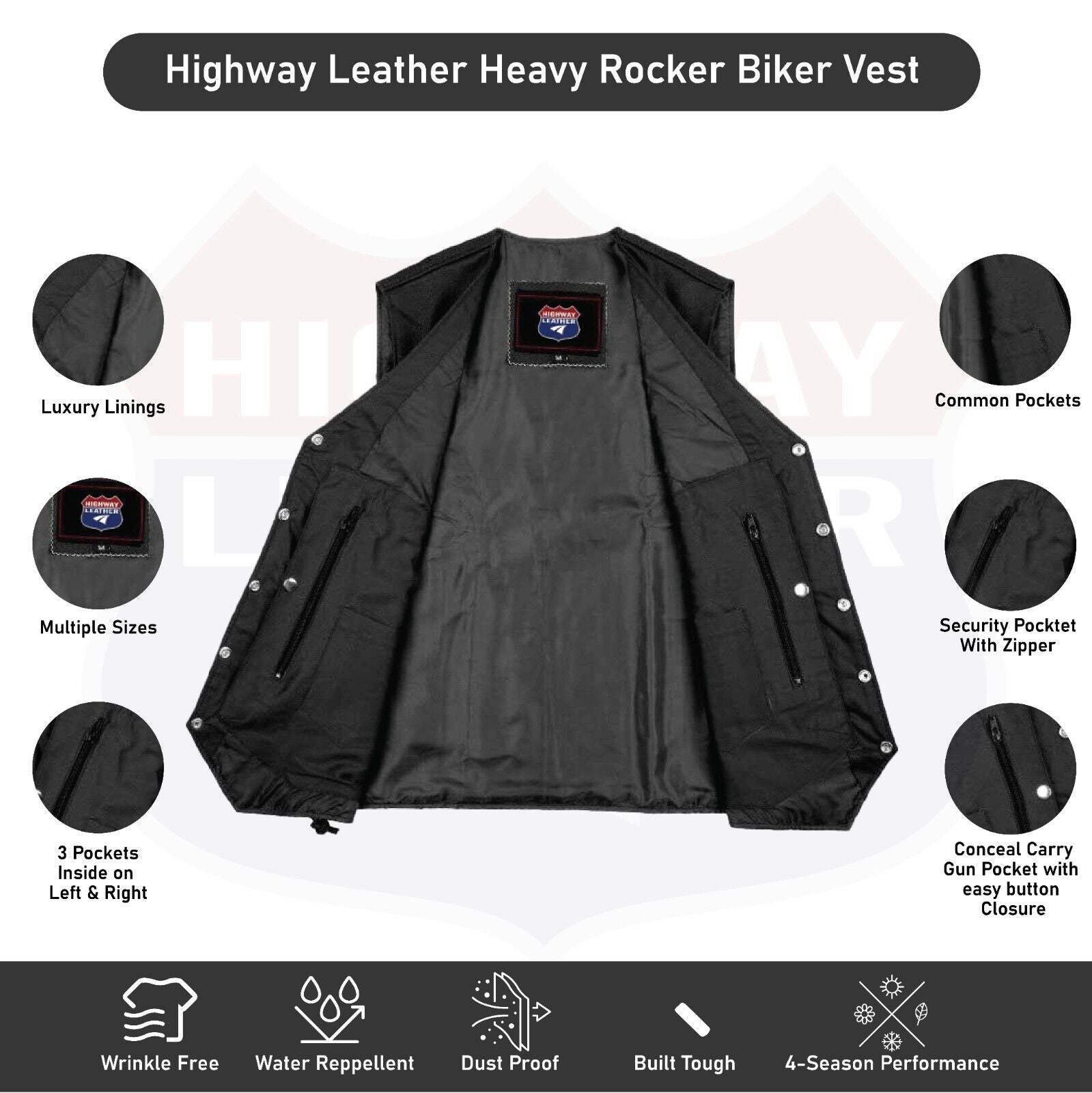 Mens Genuine Leather 10 Pockets Motorcycle Biker Vest ANARCHY Black SOA #3540BLK