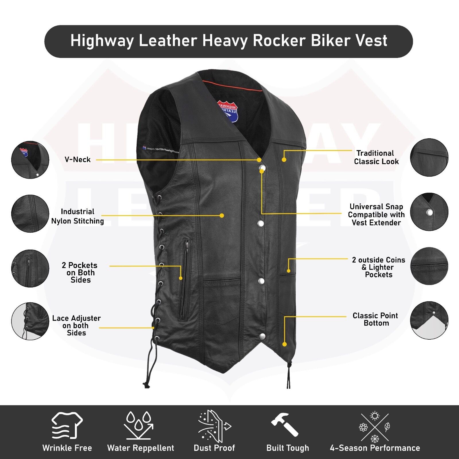 Mens Genuine Leather 10 Pockets Motorcycle Biker Vest ANARCHY Black SOA #3540BLK