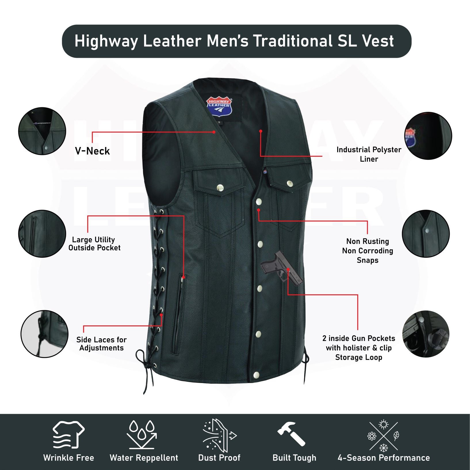 Men Side Lace Leather Style Biker Motorcycle Leather Vest Gun Pockets Carry Arms #11360SPT