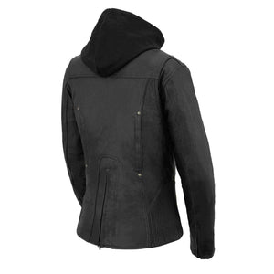 Women Black 3/4 Hooded Leather Jacket with Side Stetch Fit