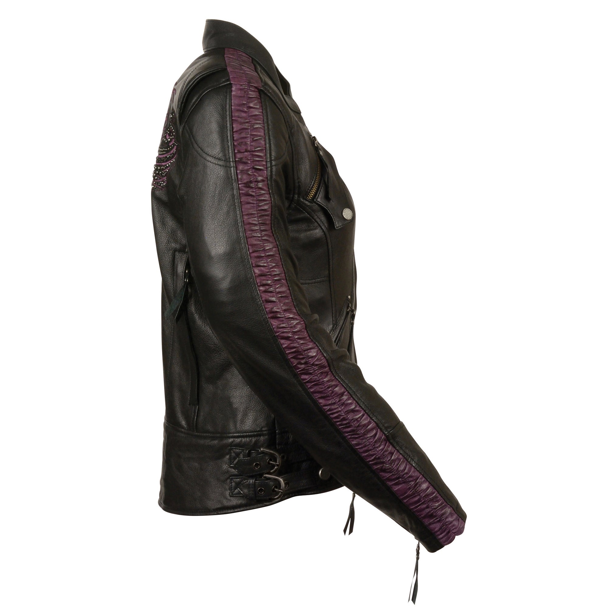 Ladies Black & Purple Racer Jacket with Phoenix Studding & Embroidery