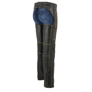 Women Distressed Brown Beltless Leather Chaps  with Lace