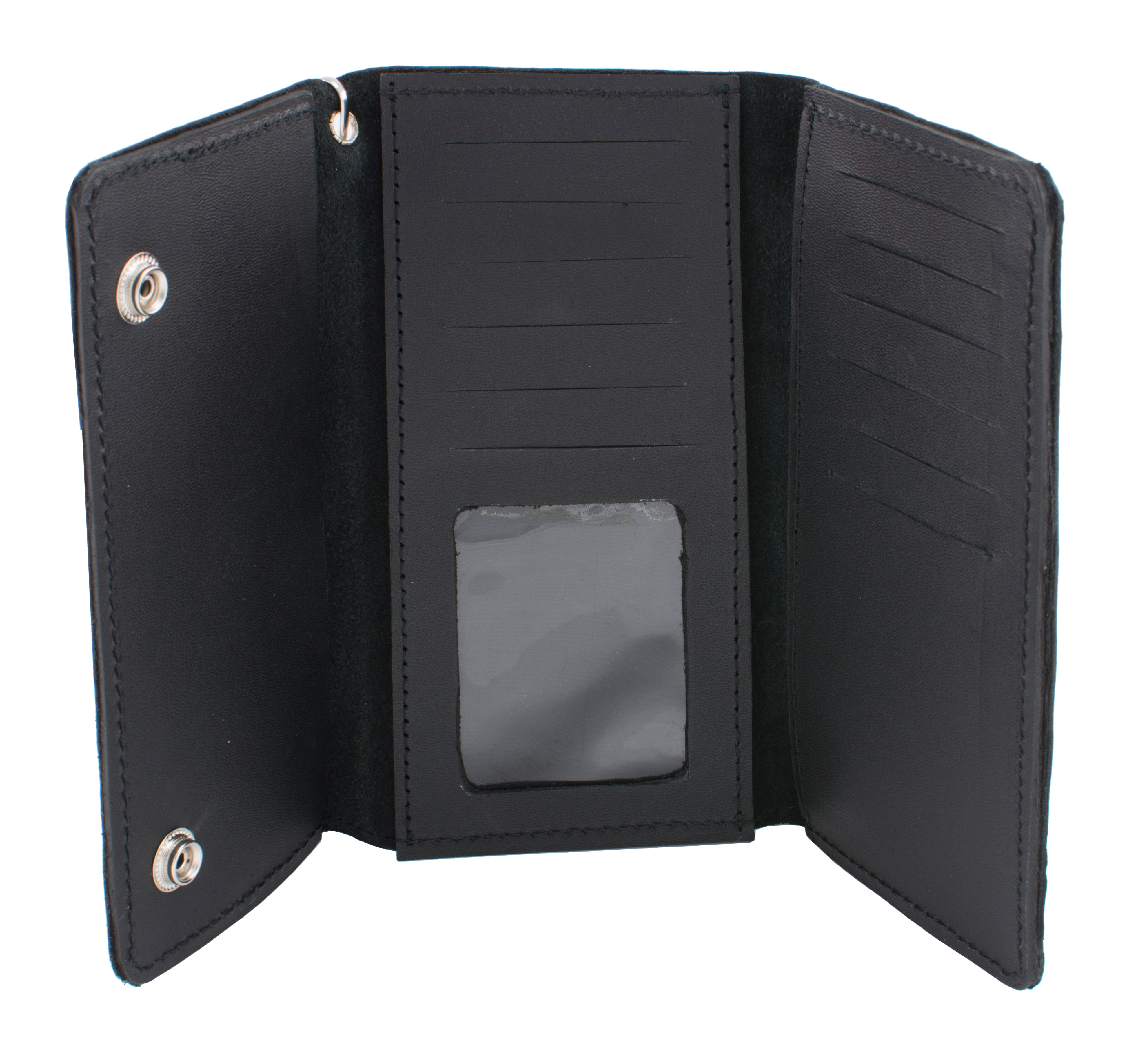 (7X4) Men's Soft Naked Cowhide Tri-Fold Long Wallet w/ Steel Chain