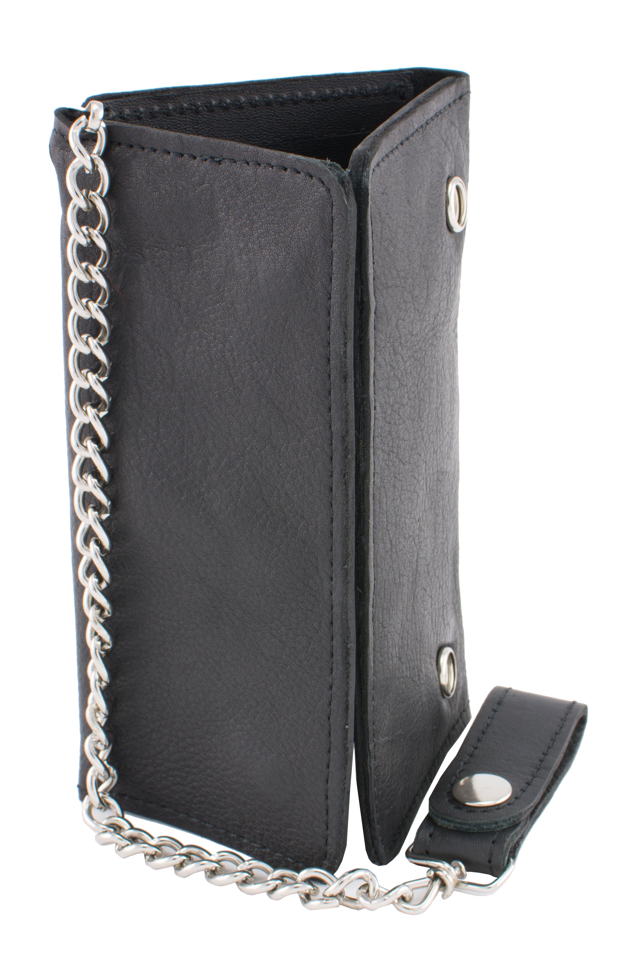 (7X4) Men's Soft Naked Cowhide Tri-Fold Long Wallet w/ Steel Chain