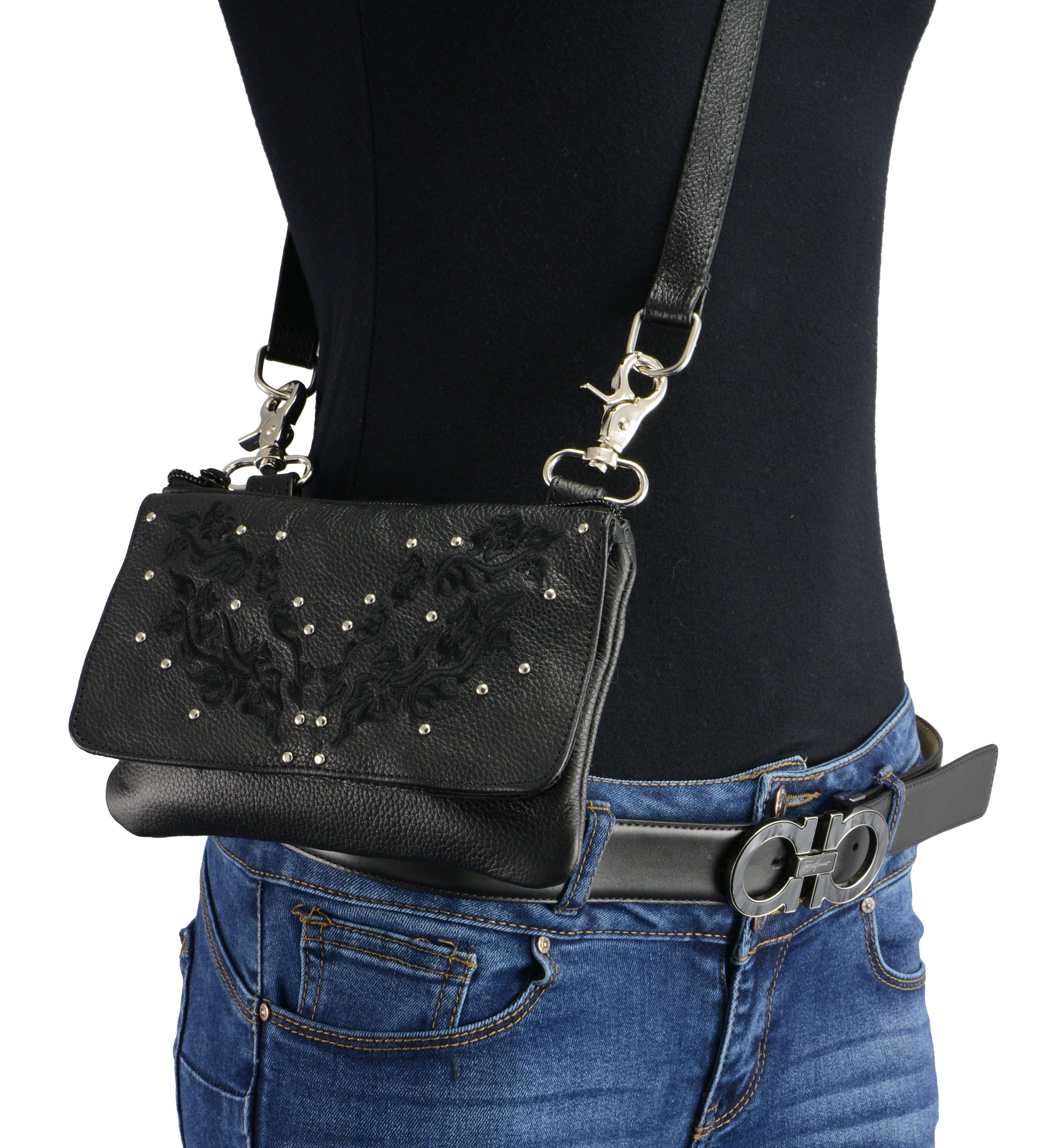 7X5X2.5 Women Black Leather Multi Pocket Belt Bag w/ Gun Holster - HighwayLeather