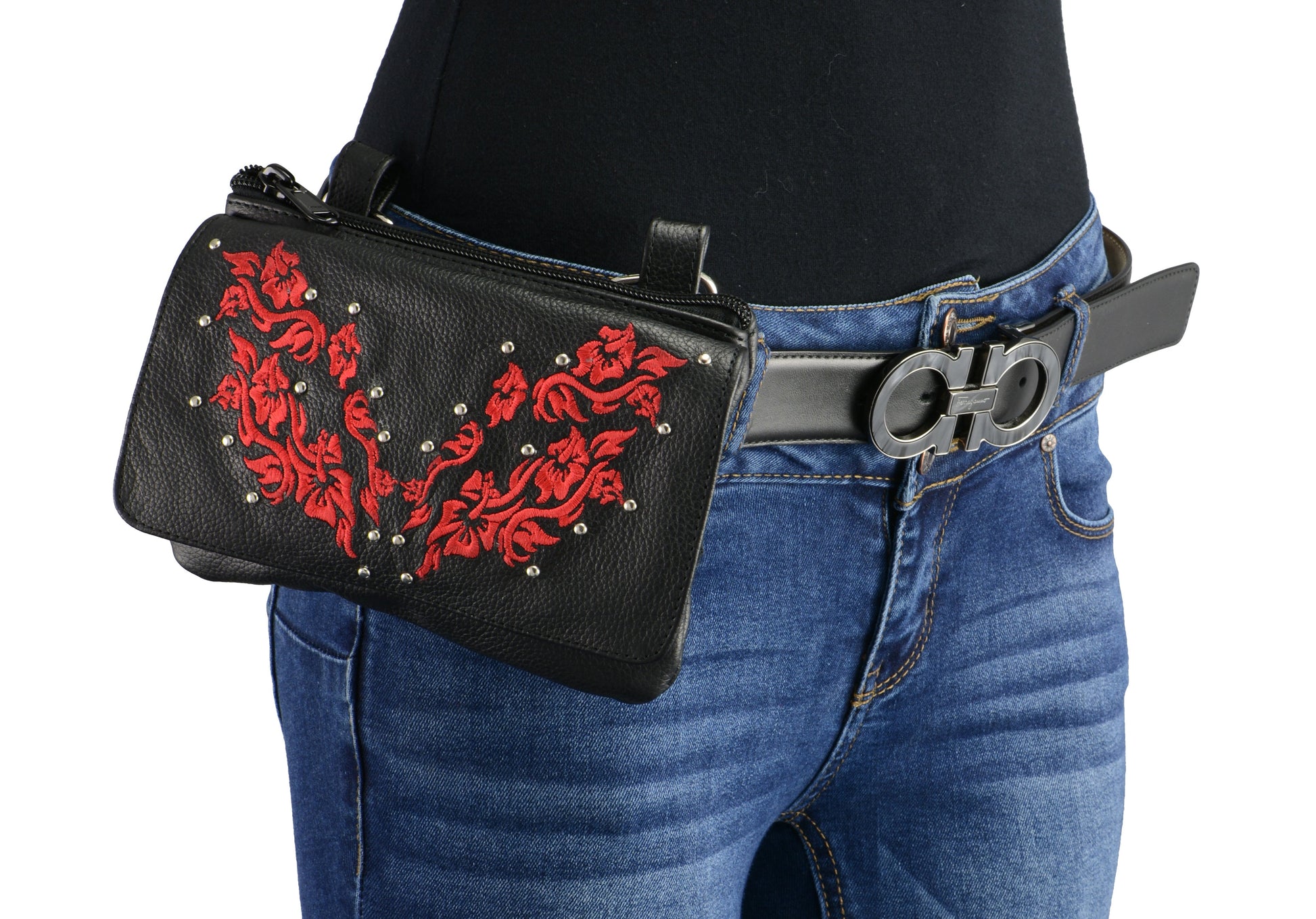 7X5X2.5 Women Black Leather Multi Pocket Belt Bag w/ Gun Holster - HighwayLeather