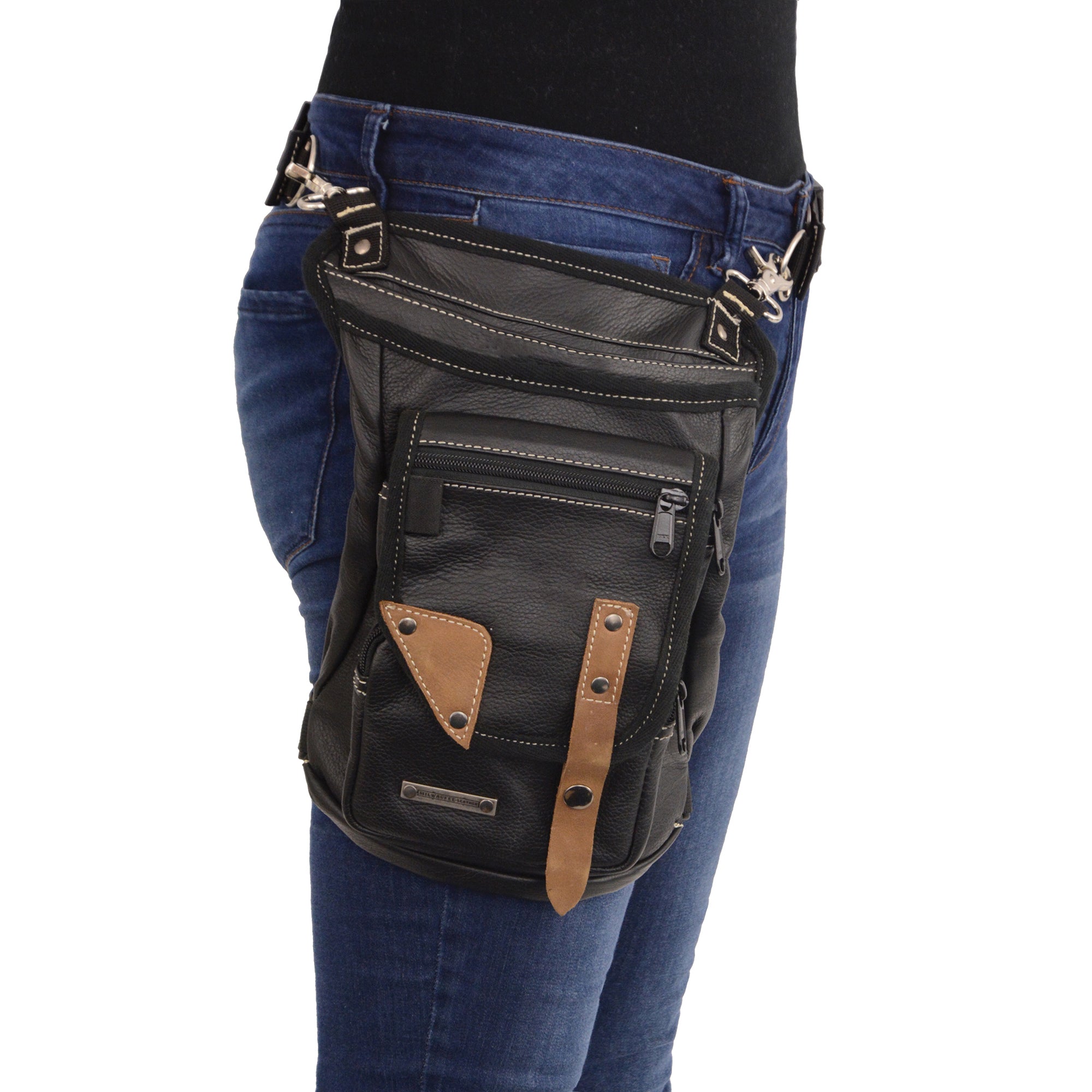 Conceal & Carry Black Leather Thigh Bag w/ Waist Belt