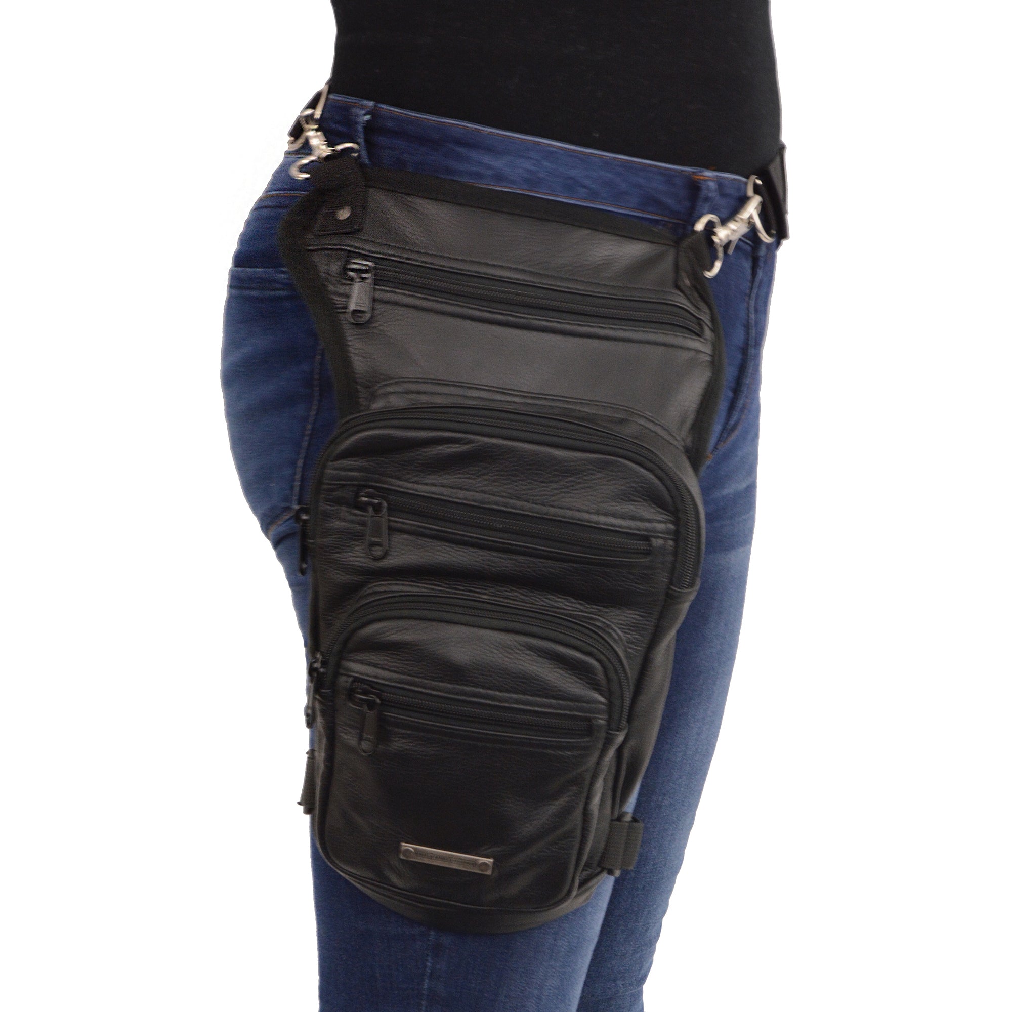 Large Conceal & Carry Black Leather Thigh Bag w/ Waist Belt