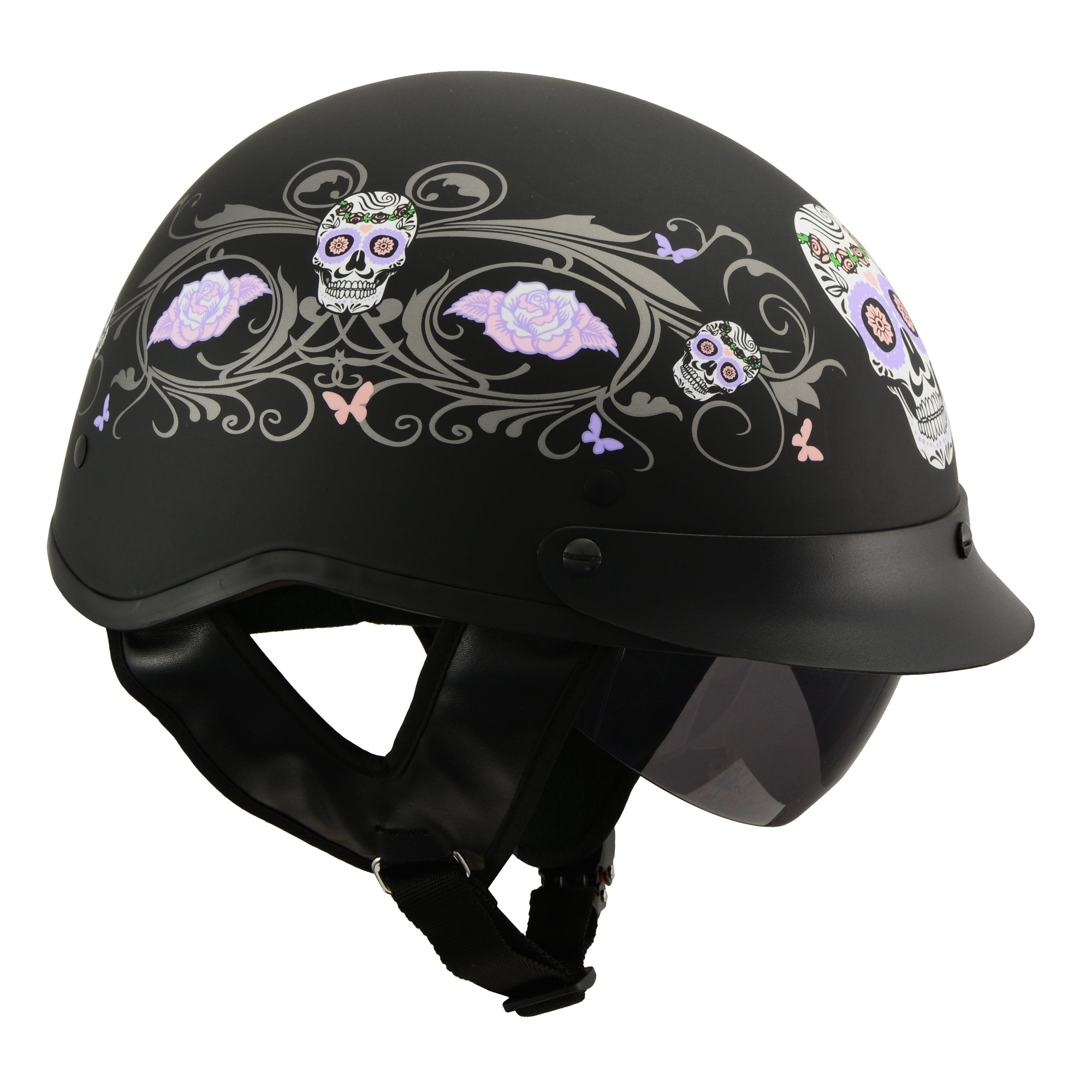 candy skull motorcycle helmet MPH9726 DOT w/ Drop Sun Visor Sugar Graphic Shiny Black HighwayLeather DAYTONA Novelty Skull Cap 1/2