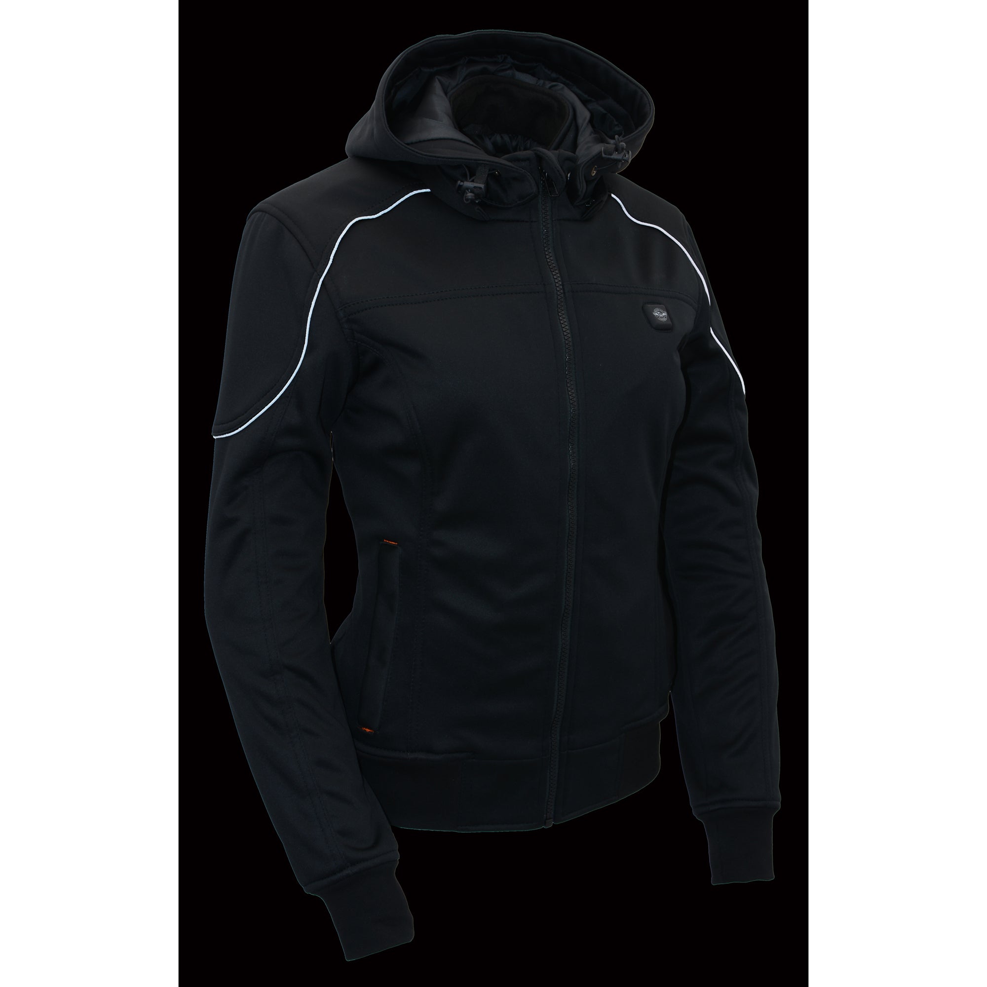 Womens Soft Shell Heated Racing Style Jacket with Detachable Hood