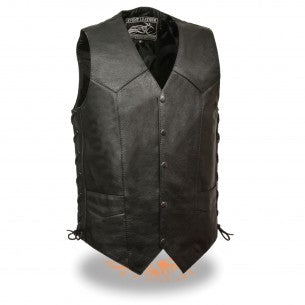 Men's Black Side Lace Leather Vest with Patches