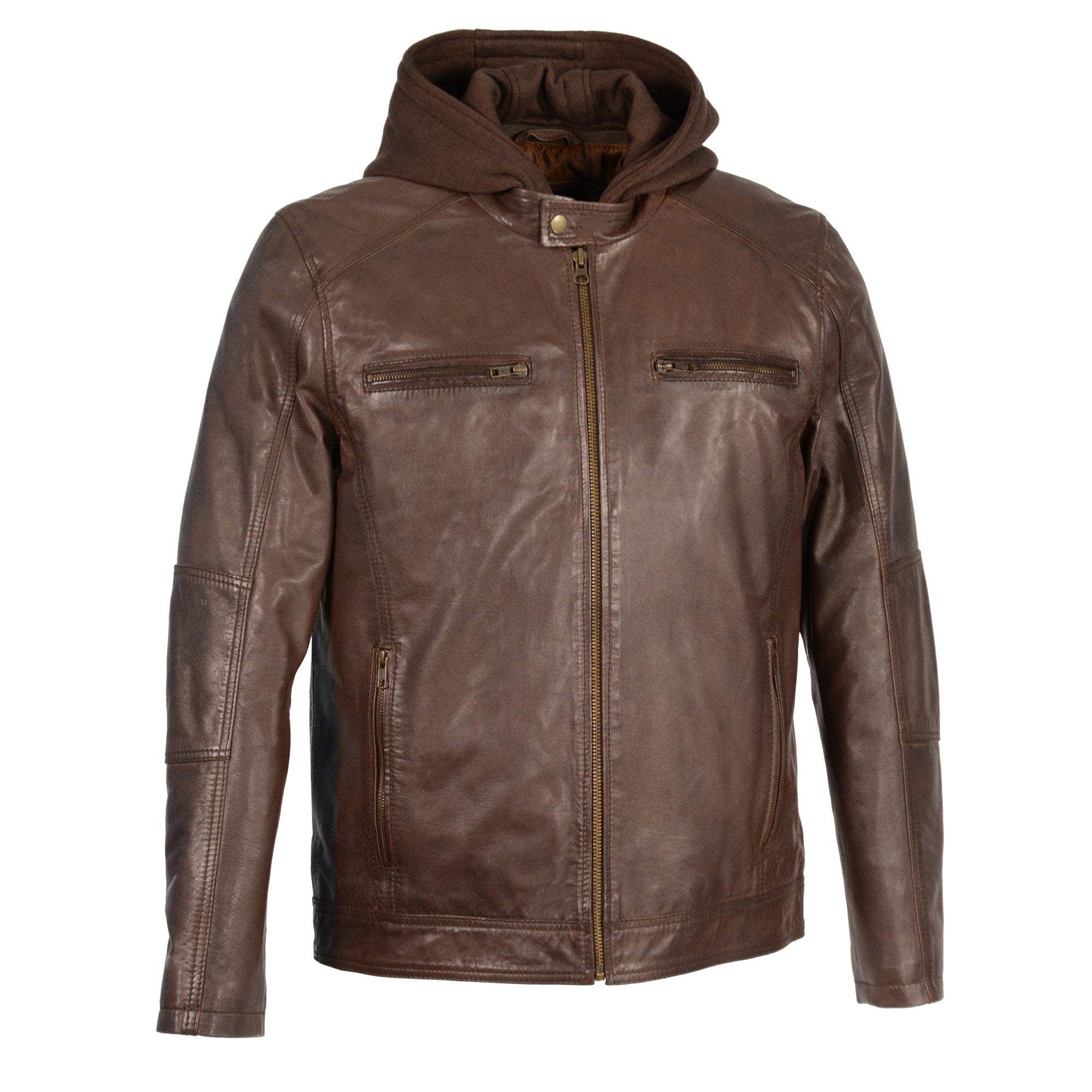 Leather moto jacket with removable clearance hood