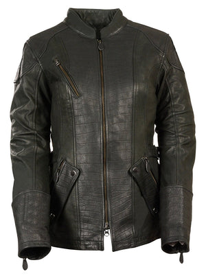 Ladies ¾ Length Stand Up Collar Embossed Print Leather Jacket