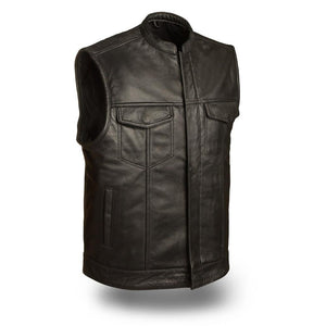 SOA Men's Basic Leather Motorcycle Vest Zipper & Snap Closure w/ 2 Inside Gun Pockets