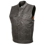 Men’s SOA Black Premium Buffalo Leather Club Style Motorcycle Rider Vest with Patch Access BZ6010 — image 1