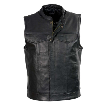 Club Vest CVM3710 Men’s Leather Black Open Neck Vest with Snap and Zip Front Closure — image 1