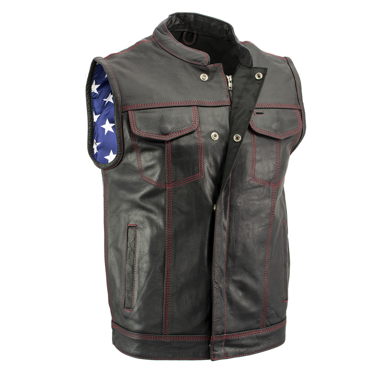 Milwaukee Leather LKM3780 Men's Black Premium Leather Motorcycle Rider Vest w/ Red Stitching and USA Inside Flag Lining — image 1