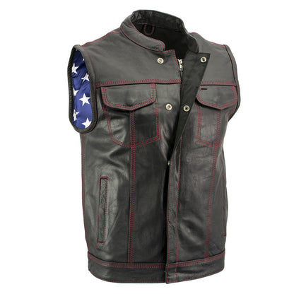 Milwaukee Leather LKM3780 Men's Black Premium Leather Motorcycle Rider Vest w/ Red Stitching and USA Inside Flag Lining — image 1