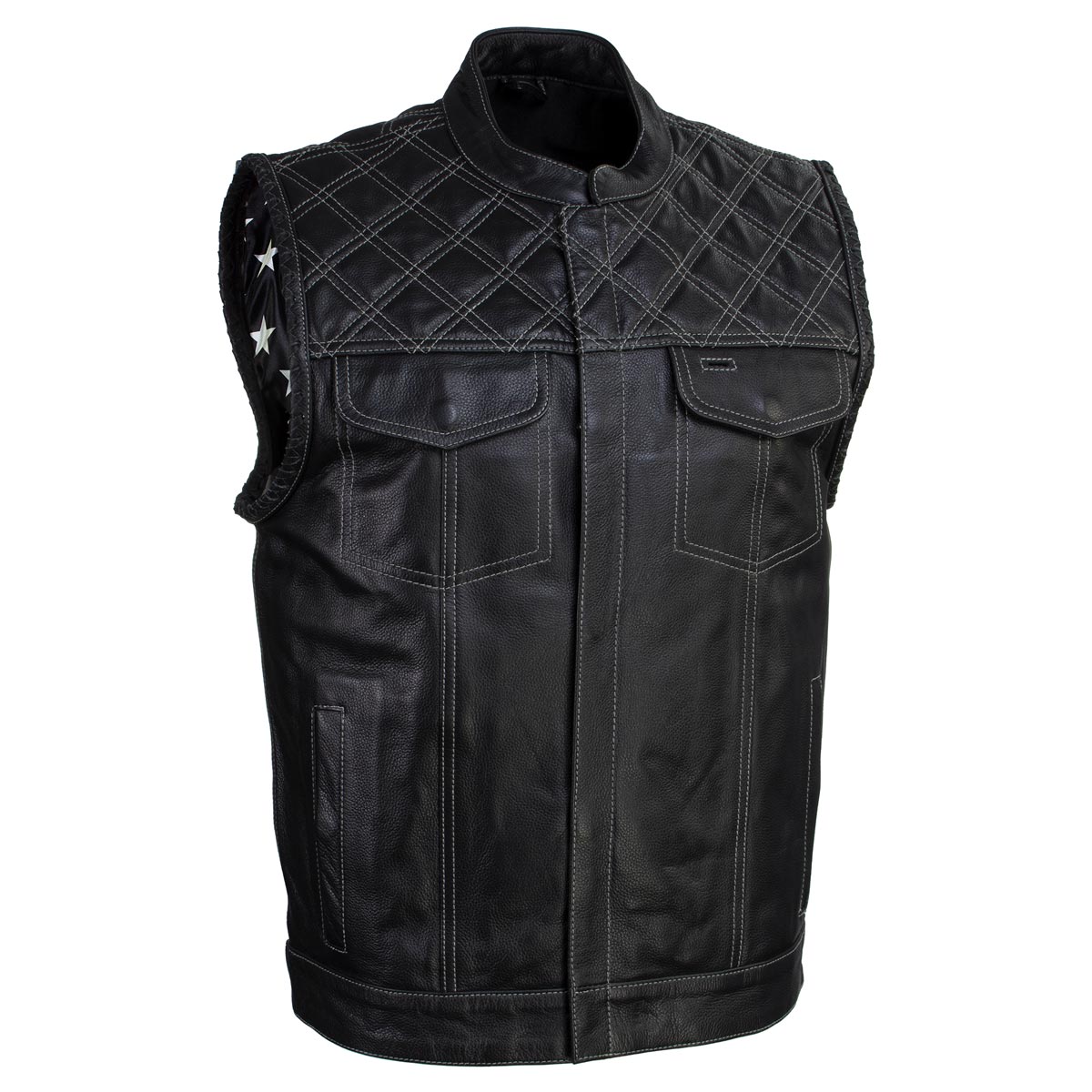 Milwaukee Leather LKM3784 Men's Classic Black Leather Motorcycle Rider Vest Stars and Stripes Design w/ USA Flag Liner — image 1