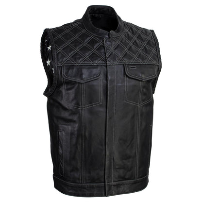 Milwaukee Leather LKM3784 Men's Classic Black Leather Motorcycle Rider Vest Stars and Stripes Design w/ USA Flag Liner — image 1