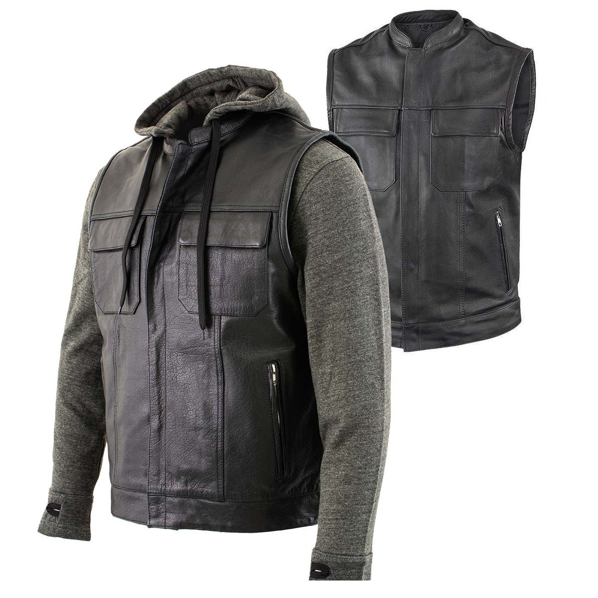 Milwaukee Leather LKM3785 Men's 2 in 1 Classic Black Premium Leather Motorcycle Hoodie Jacket w/ Convertible Vest — image 1