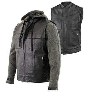 Milwaukee Leather LKM3785 Men's 2 in 1 Classic Black Premium Leather Motorcycle Hoodie Jacket w/ Convertible Vest — image 1