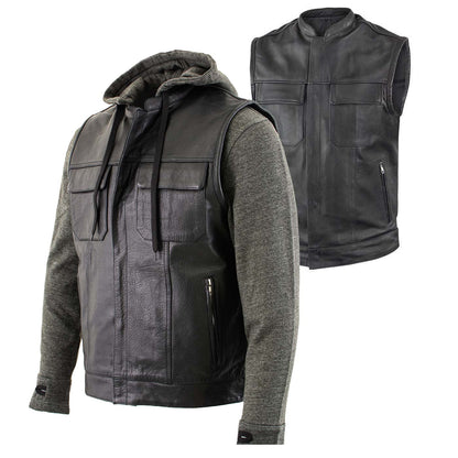 Milwaukee Leather LKM3785 Men's 2 in 1 Classic Black Premium Leather Motorcycle Hoodie Jacket w/ Convertible Vest — image 1