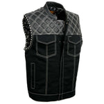 Milwaukee Leather MDM3035 Men’s Wrecker Club Vest – Black Denim & Leather, Diamond Quilt, White Stitch — image 1