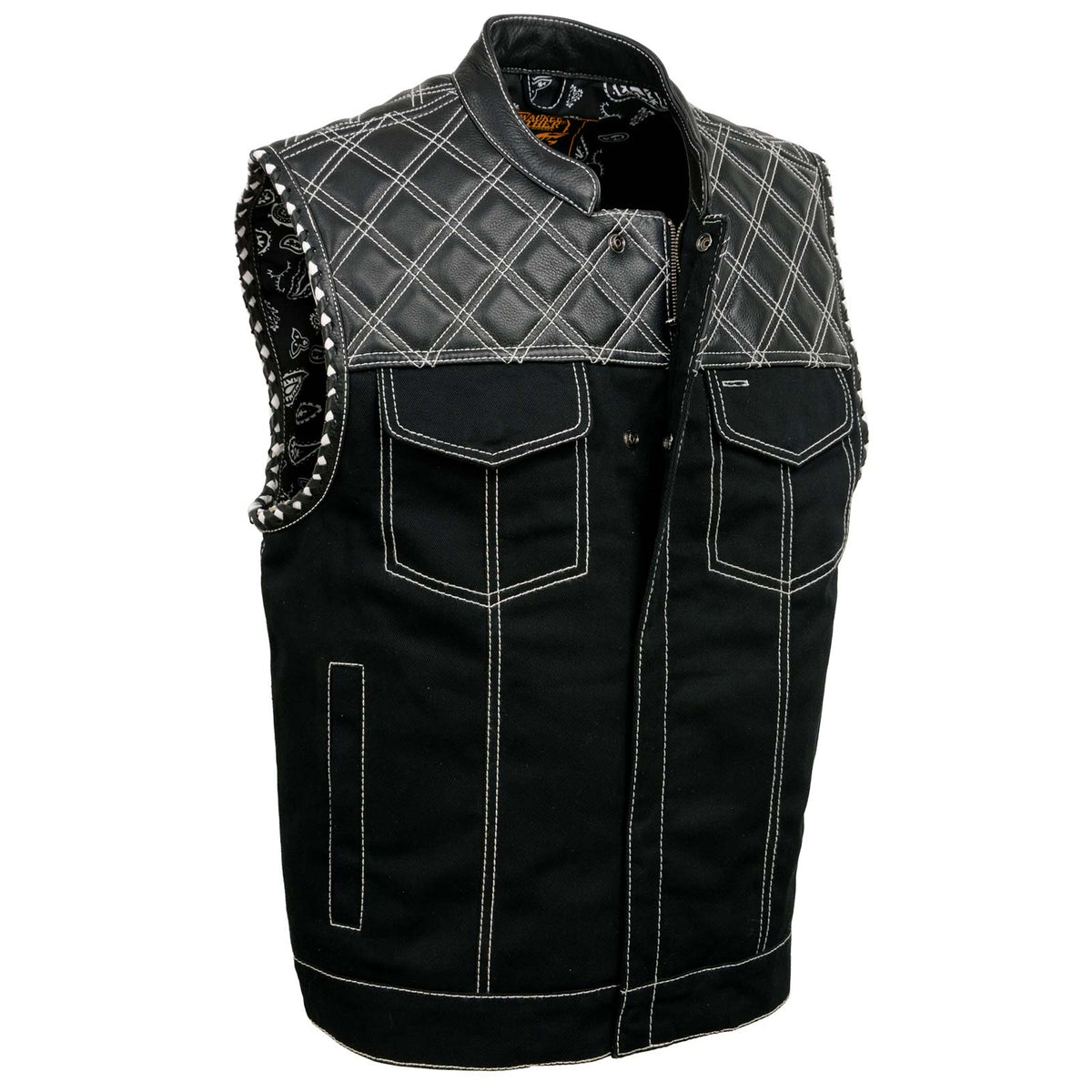 Milwaukee Leather MDM3035 Men’s Wrecker Club Vest – Black Denim & Leather, Diamond Quilt, White Stitch — image 1