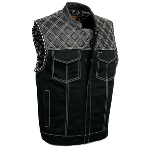 Milwaukee Leather MDM3035 Men’s Wrecker Club Vest – Black Denim & Leather, Diamond Quilt, White Stitch — image 1
